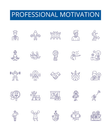Professional motivation line icons signs set. Design collection of Inspiration, Enthusiasm, Determination, Drive, Resolve, Tenacity, Commitment, Aspiration outline concept vector illustrationsのイラスト素材
