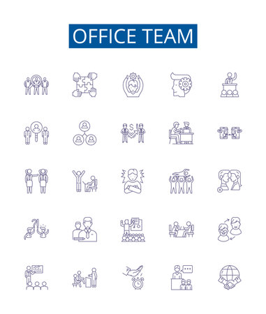 Office team line icons signs set. Design collection of Office, Team, Cooperation, Workplace, Collaboration, Organisation, Staff, Respect outline concept vector illustrationsのイラスト素材