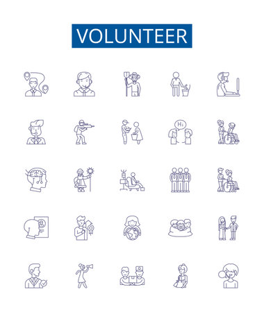 Volunteer line icons signs set. Design collection of Donate, Help, Serve, Contribute, Participate, Aid, Commit, Repair outline concept vector illustrationsのイラスト素材