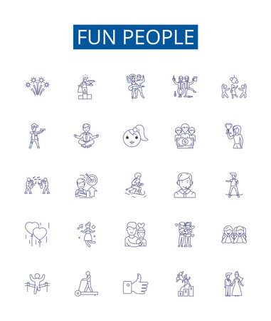 Fun people line icons signs set. Design collection of Mirthful, Amusing, Cheerful, Joyful, Vivacious, Blithe, Lighthearted, Comical outline concept vector illustrationsのイラスト素材