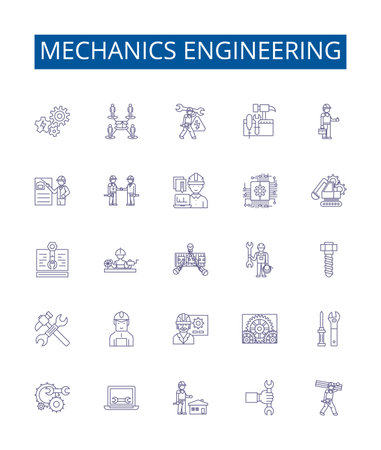 Mechanics engineering line icons signs set. Design collection of Mechanics, Engineering, Kinematics, Dynamics, Vibrations, Force, Torque, Machines outline concept vector illustrationsのイラスト素材