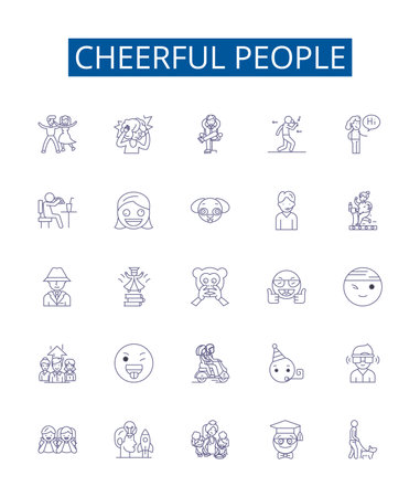 Cheerful people line icons signs set. Design collection of Cheerful, Joyous, Glad, Lighthearted, Exuberant, Delighted, Mirthful, Jubilant outline concept vector illustrationsのイラスト素材