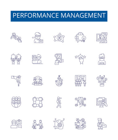 Performance management line icons signs set. Design collection of Auditing, Assessing, Coaching, Evaluating, Goal setting, Motivating, Measuring, Training outline concept vector illustrationsのイラスト素材
