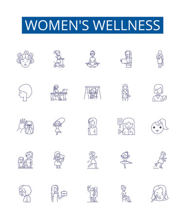 Womens wellness line icons signs set. Design collection of Female, Wellness, Health, Nutrition, Fitness, Self Care, Strength, Balance outline concept vector illustrationsのイラスト素材