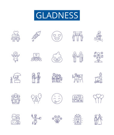 Gladness line icons signs set. Design collection of Cheer, Delight, Merriment, Jubilation, Exaltation, Ecstasy, Gladdening, Glee outline concept vector illustrationsのイラスト素材