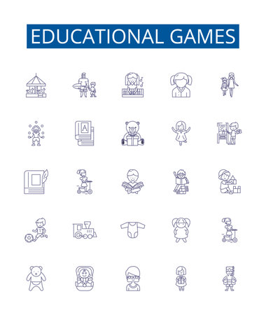 Educational games line icons signs set. Design collection of Educational, Games, Learning, Teaching, Puzzles, Quizzes, Gameshows, Simulations outline concept vector illustrationsのイラスト素材
