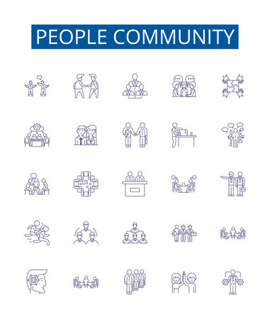People community line icons signs set. Design collection of Community, People, Network, Group, Communitas, Linkage, Unity, Fellowship outline concept vector illustrationsのイラスト素材