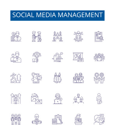 Social media management line icons signs set. Design collection of Social, Media, Management, Engagement, Brand, Reputation, Analytics, Platforms outline concept vector illustrationsのイラスト素材
