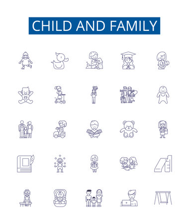 Child and family line icons signs set. Design collection of Child, Family, childhood, parenting, upbringing, nurture, young, parenting skills outline concept vector illustrationsのイラスト素材