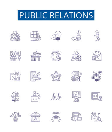 Public relations line icons signs set. Design collection of PR, Communications, Marketing, Media, Relations, Reputation, Strategy, Advertising outline concept vector illustrationsのイラスト素材