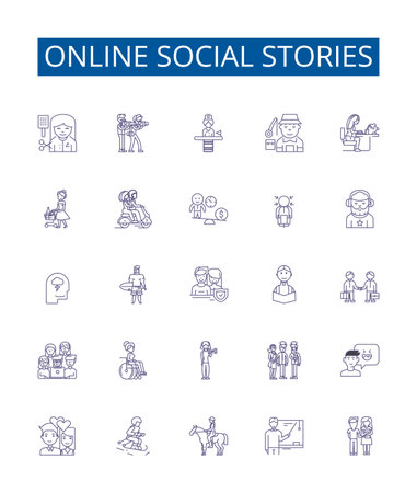 Online social stories line icons signs set. Design collection of Networking, Socializing, Storytelling, Interaction, Connecting, Sharing, Publishing, Documenting outline concept vector illustrationsのイラスト素材