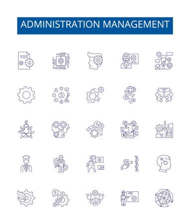 Administration management line icons signs set. Design collection of Administration, Management, Governance, Supervision, Planning, Analysis, Strategy, Control outline concept vector illustrationsのイラスト素材