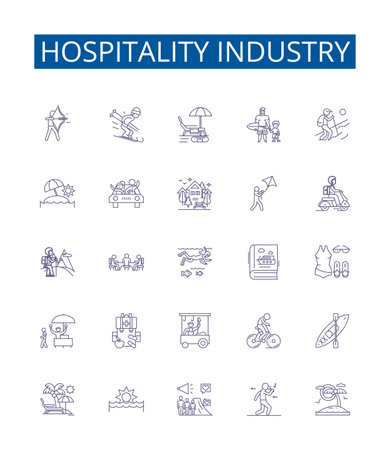 Hospitality industry line icons signs set. Design collection of Hospitality, Industry, Tourism, Accommodation, Hotels, Services, Food, Restaurants outline concept vector illustrationsのイラスト素材