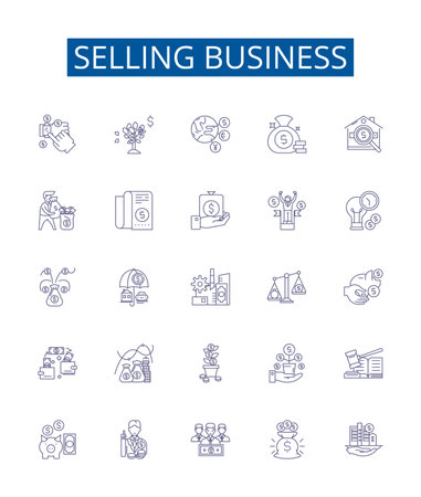 Selling business line icons signs set. Design collection of Vending, Merchandising, Trading, Brokering, Marketing, Promoting, Auctioning, Retailing outline concept vector illustrationsの素材 [FY310206821924]