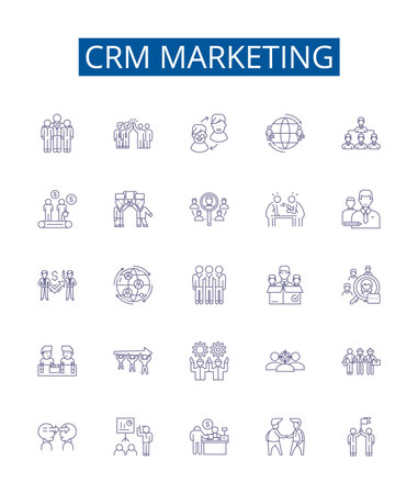 Crm marketing line icons signs set. Design collection of CRM, Marketing, Contact, Management, Automation, Prospects, Strategies, Services outline concept vector illustrationsのイラスト素材