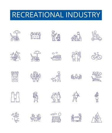 Recreational industry line icons signs set. Design collection of Hiking, Boating, Skiing, Fishing, Camping, Swimming, Surfing, Kayaking outline concept vector illustrationsのイラスト素材