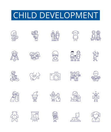 Child development line icons signs set. Design collection of Infant, Toddler, Cognitive, Social, Emotional, Language, Motor, Behavior outline concept vector illustrationsのイラスト素材