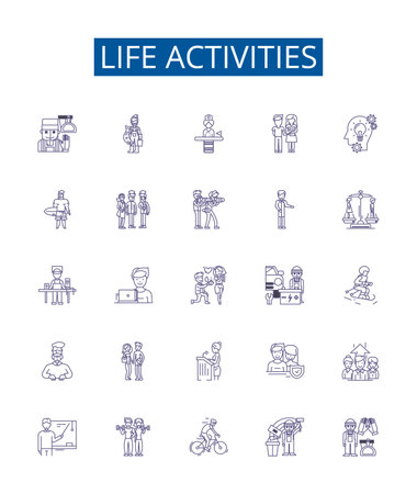 Life activities line icons signs set. Design collection of Existence, Survival, Living, Working, Playing, Learning, Eating, Socializing outline concept vector illustrationsのイラスト素材