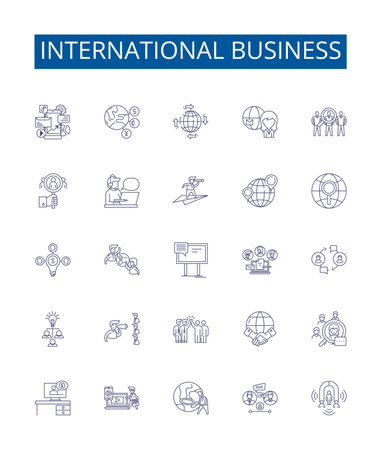 International business line icons signs set. Design collection of Export, Import, Globalisation, Logistics, Multinational, Trade, Currency, Investment outline concept vector illustrationsのイラスト素材