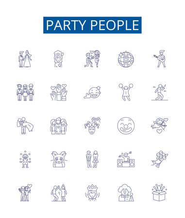 Party people line icons signs set. Design collection of Festive, revelers, merrymakers, attendants, celebrants, guests, invitees, merry goers outline concept vector illustrationsのイラスト素材