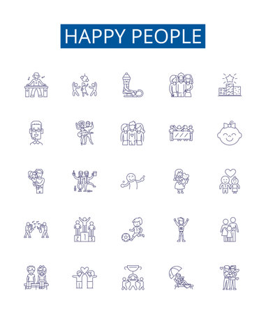 Happy people line icons signs set. Design collection of Cheerful, Joyful, Grinning, Content, Gleeful, Carefree, Mirthful, Blissful outline concept vector illustrationsのイラスト素材