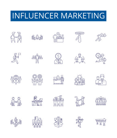 Influencer marketing line icons signs set. Design collection of Influencers, Marketing, Social, Media, Content, Platforms, Engagement, Strategy outline concept vector illustrationsのイラスト素材
