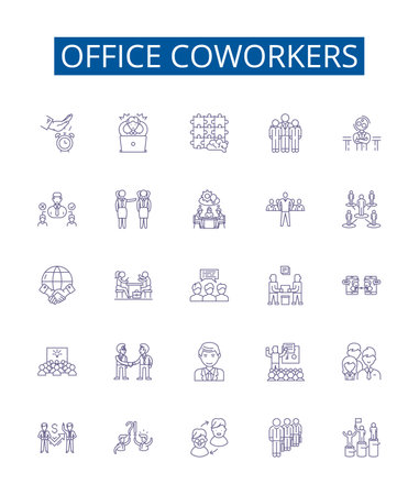 Office coworkers line icons signs set. Design collection of Colleagues, peers, staff, team, associates, cubemates, workmates, office mates outline concept vector illustrationsのイラスト素材