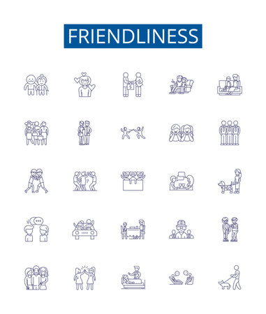 Friendliness line icons signs set. Design collection of Affability, Amiability, Approachability, Benevolence, Camaraderie, Comradeship, Cordiality, Courtesy outline concept vector illustrationsのイラスト素材