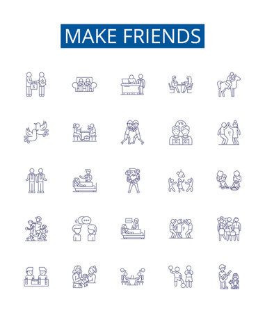 Make friends line icons signs set. Design collection of Connect, Mingle, Socialize, Acquaint, Network, Associate, Join, Unite outline concept vector illustrationsのイラスト素材