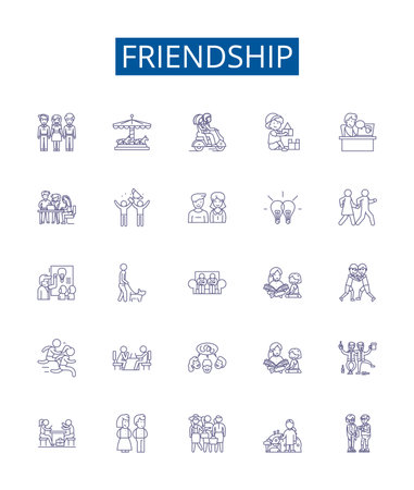 Friendship line icons signs set. Design collection of Bonding, Companionship, Alliance, Fellow feeling, Support, Fellowship, Unity, Affinity outline concept vector illustrationsのイラスト素材