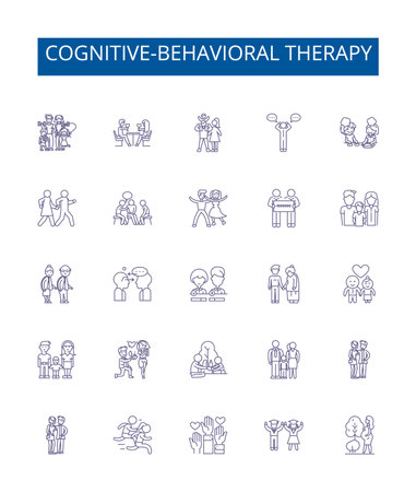 Cognitive-behavioral therapy line icons signs set. Design collection of Cognitive Behavioral, Therapy, CBT, Thinking, Thoughts, Feelings, Behaviors, Cognitive outline concept vector illustrationsのイラスト素材