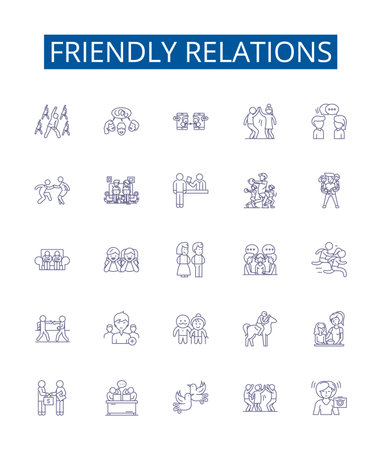 Friendly relations line icons signs set. Design collection of Amicable, Cordial, Chummy, Affable, Convivial, Favorable, Amiable, Harmonious outline concept vector illustrationsのイラスト素材