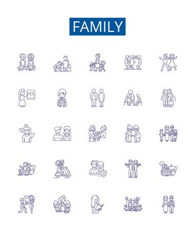 Family line icons signs set. Design collection of Kin, Relatives, Clan, Lineage, Descendants, Brood, Tribe, Kinfolk outline concept vector illustrationsのイラスト素材