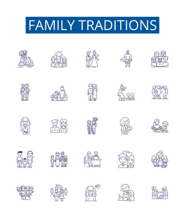 Family traditions line icons signs set. Design collection of Traditions, Family, Celebrations, Rituals, Customs, Histories, Inheritance, Heritage outline concept vector illustrationsのイラスト素材