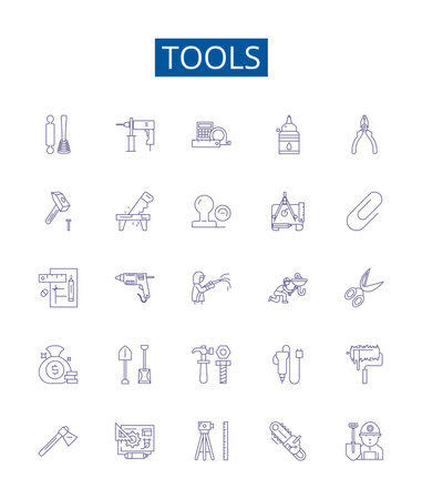 Tools line icons signs set. Design collection of Spanner, Wrench, Hammer, Pliers, Drill, Saw, Screwdriver, Ruler outline concept vector illustrationsのイラスト素材