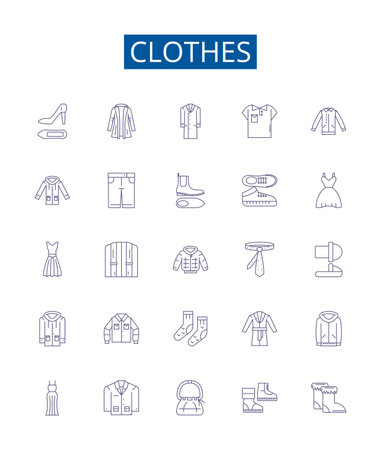 Clothes line icons signs set. Design collection of Garment, Outfit, Apparel, Clothing, Dress, Suit, Shawl, Skirt outline concept vector illustrationsのイラスト素材