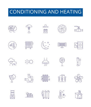 Conditioning and heating line icons signs set. Design collection of Conditioning, Heating, Air, Cooling, Ventilation, Fan, Furnace, Heat outline concept vector illustrationsのイラスト素材