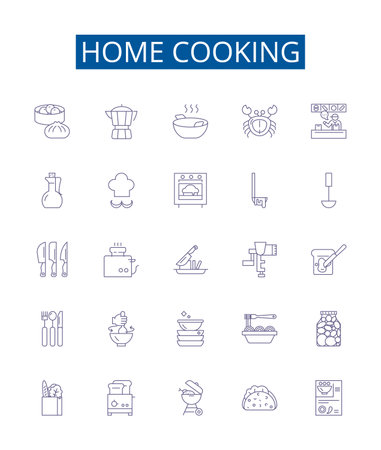Home cooking line icons signs set. Design collection of Homemade, Cuisine, Kitchen, Cooking, Comfort, Meals, Preparing, Fresh outline concept vector illustrationsのイラスト素材