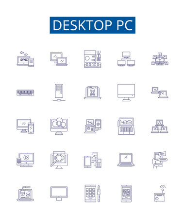 Desktop pc line icons signs set. Design collection of Computer, Desktop, PC, Desktop PC, Workstation, Tower, Monitor, Mouse outline concept vector illustrationsのイラスト素材