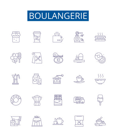 Boulangerie line icons signs set. Design collection of Bakery, Patisserie, Bread, Croissant, Cookies, Viennoiserie, Cake, Tart outline concept vector illustrationsのイラスト素材
