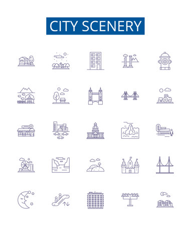 City scenery line icons signs set. Design collection of Urban, Buildings, Streets, Skyscrapers, Night, People, Skyline, Bridge outline concept vector illustrationsのイラスト素材