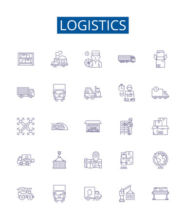 Logistics line icons signs set. Design collection of Distribution, Shipping, Delivery, Transportation, Freight, Channel, Inventory, Management outline concept vector illustrationsのイラスト素材