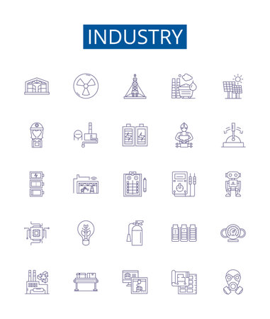 Industry line icons signs set. Design collection of Manufacturing, Technology, Production, Business, Equipment, Automotive, Retail, Services outline concept vector illustrationsのイラスト素材