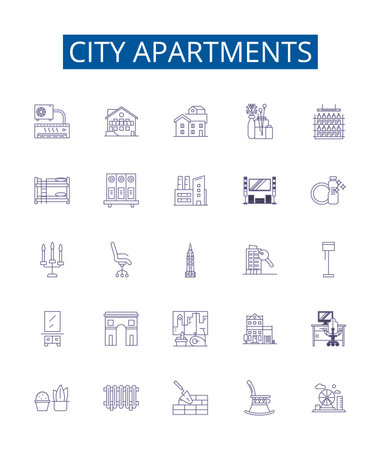 City apartments line icons signs set. Design collection of Apartments, City, Accommodation, Housing, Rent, Residence, Condo, Flats outline concept vector illustrationsのイラスト素材