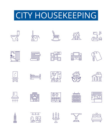 City housekeeping line icons signs set. Design collection of Urban, Cleaning, Services, Housework, Dwelling, Residents, Dusting, Sweeping outline concept vector illustrationsのイラスト素材