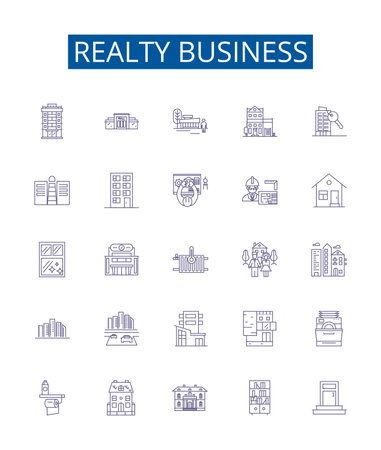 Realty business line icons signs set. Design collection of Realty, Business, Property, Homes, Land, Investing, Houses, Buyers outline concept vector illustrationsのイラスト素材