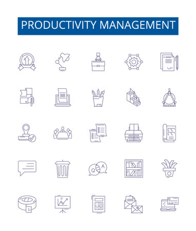 Productivity management line icons signs set. Design collection of Timekeeping, Efficiency, Prioritizing, Organizing, Targeting, Scheduling, Tracking, Measuring outline concept vector illustrationsのイラスト素材