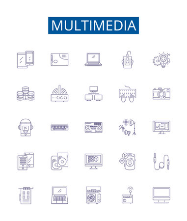 Multimedia line icons signs set. Design collection of Audio, Video, Graphics, Animation, Photos, Music, Images, Text outline concept vector illustrationsのイラスト素材