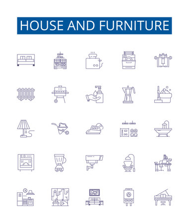 House and furniture line icons signs set. Design collection of house, furniture, home, decor, design, style, space, room outline concept vector illustrationsのイラスト素材
