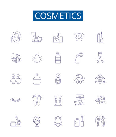 Cosmetics line icons signs set. Design collection of Makeup, Skincare, Fragrance, Haircare, Concealer, Eyeliner, Lipstick, Foundation outline concept vector illustrationsのイラスト素材